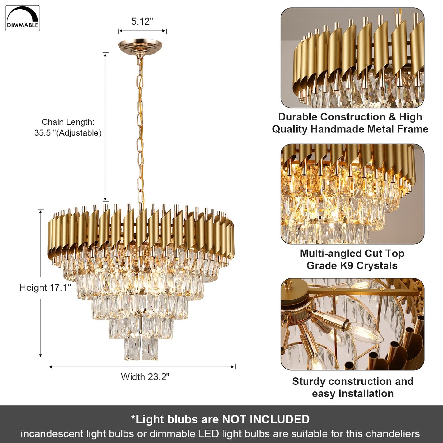 AXILIXI 24" gold crystal chandelier, 5-tier raindrop style, luxury staircase/foyer lighting.