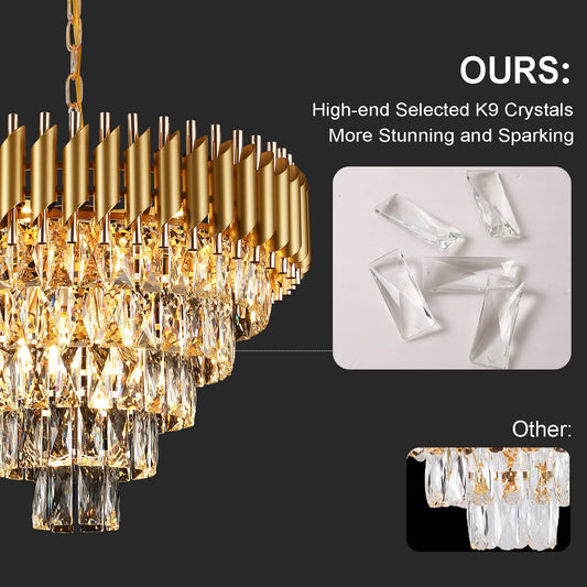 AXILIXI 24" gold crystal chandelier, 5-tier raindrop style, luxury staircase/foyer lighting.