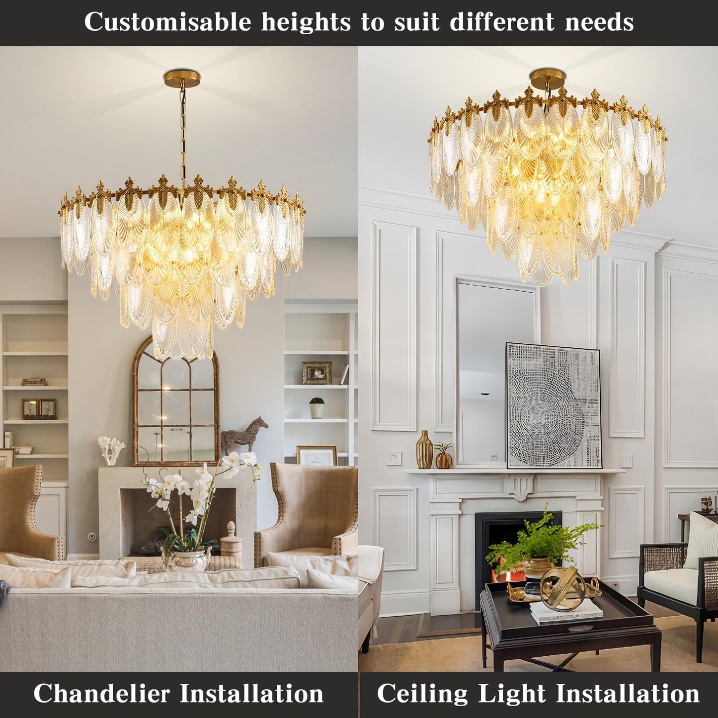 KELUOLY modern crystal chandelier, 4-layer gold glass, 12-light, 31.5", adjustable height, foyer/living/dining.