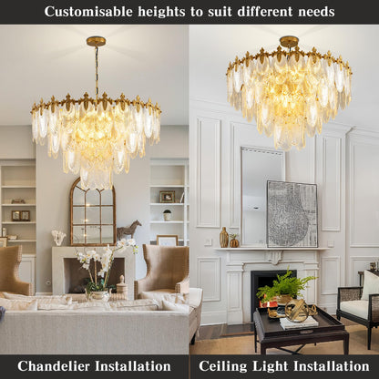 KELUOLY modern crystal chandelier, 4-layer gold glass, 12-light, 31.5", adjustable height, foyer/living/dining.