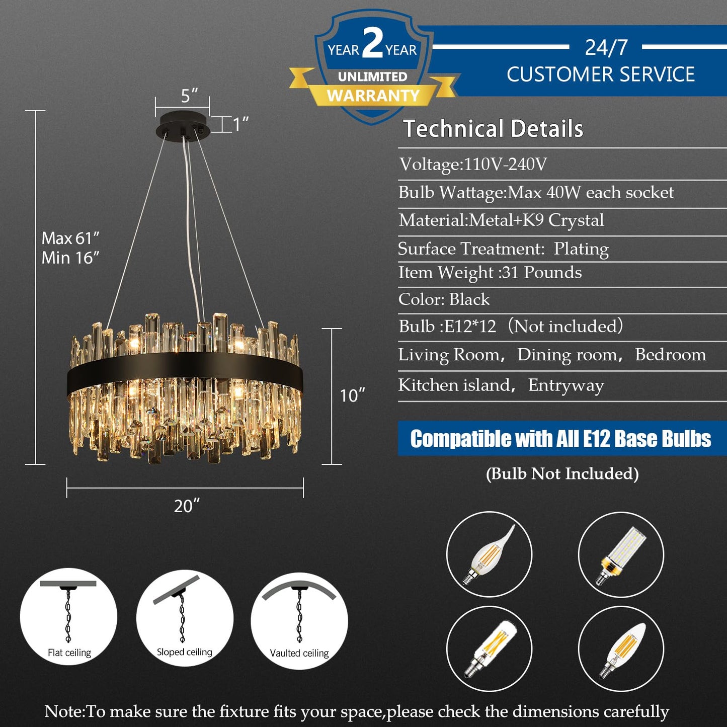 12-light luxury black crystal chandelier, 2-tier round design, 20", for dining room, bedroom, kitchen island.