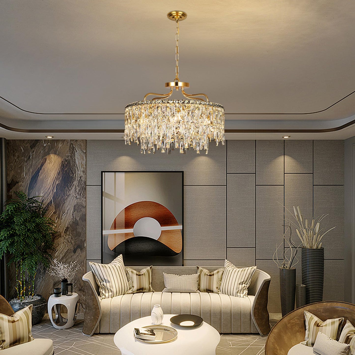 NISIDUN 24" gold crystal chandelier, 8-light modern round, dining/bedroom/entryway.