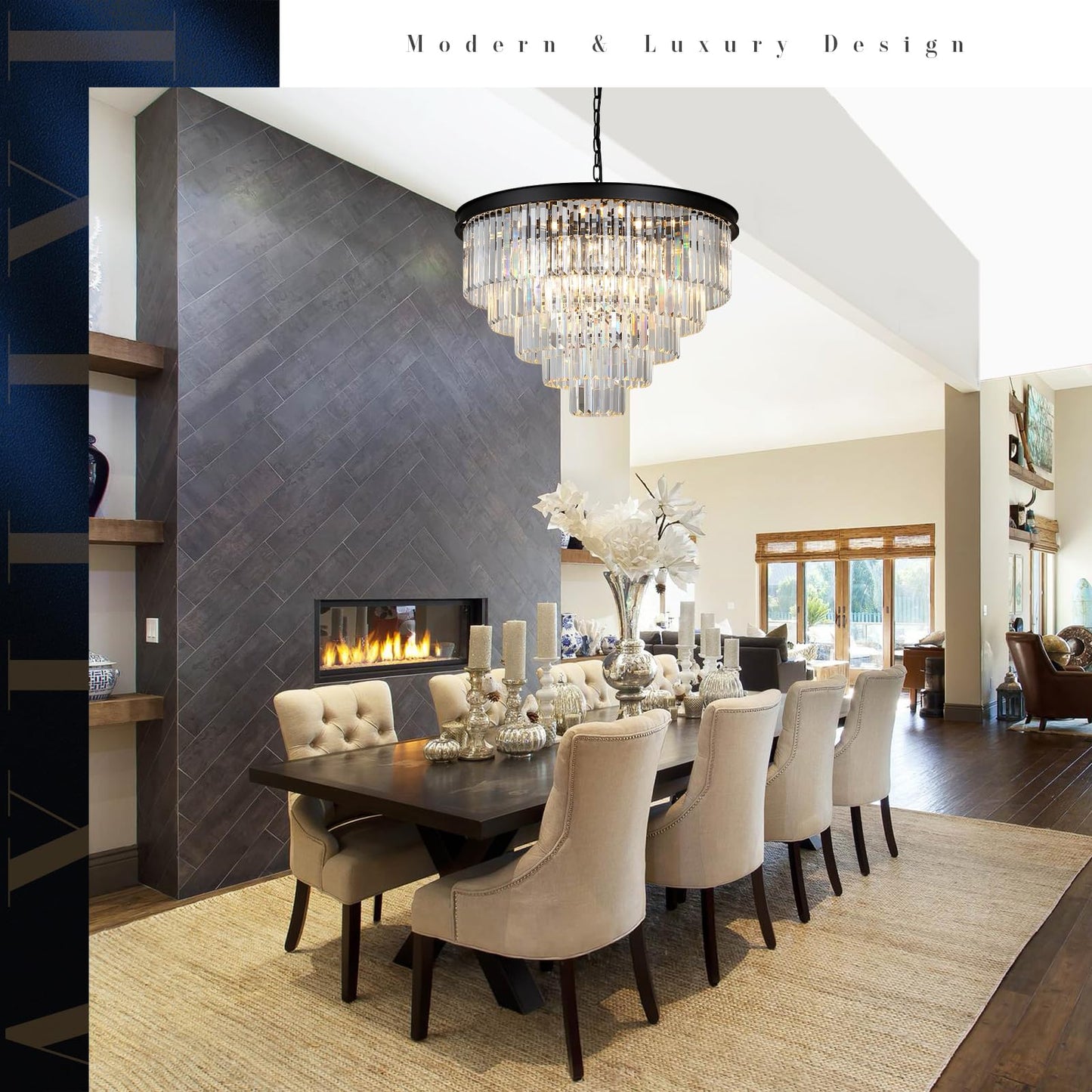 AXILIXI 30" black crystal chandelier, 5-tier K9 crystal, staircase/high ceiling luxury fixture.
