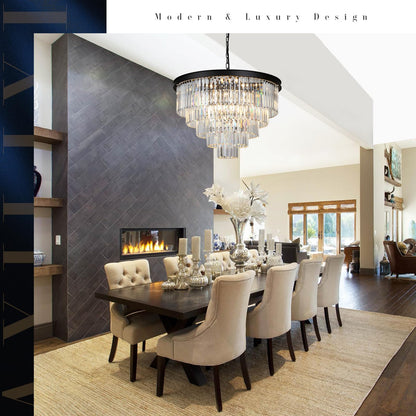 AXILIXI 30" black crystal chandelier, 5-tier K9 crystal, staircase/high ceiling luxury fixture.