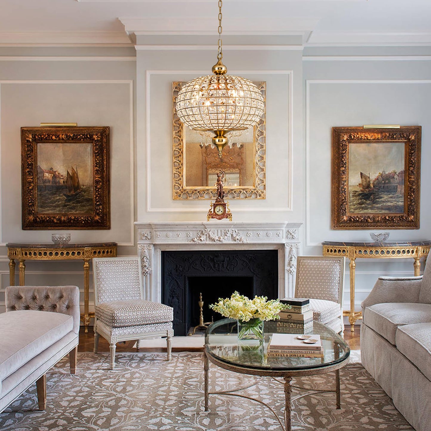HUOKU 16.5" gold crystal chandelier, 4-light round globe style, foyer/dining/bedroom.