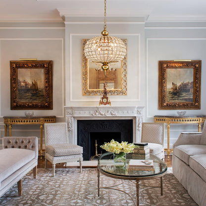 HUOKU 16.5" gold crystal chandelier, 4-light round globe style, foyer/dining/bedroom.