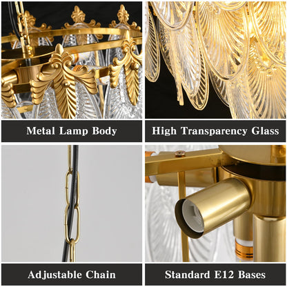 KELUOLY modern crystal chandelier, 4-layer gold glass, 12-light, 31.5", adjustable height, foyer/living/dining.