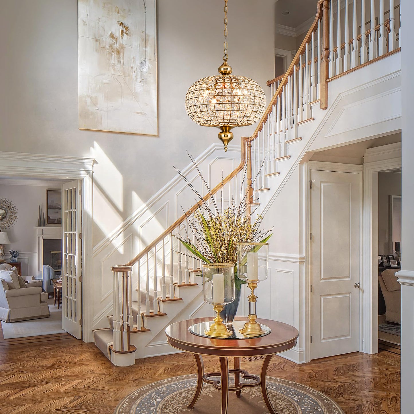 HUOKU 16.5" gold crystal chandelier, 4-light round globe style, foyer/dining/bedroom.