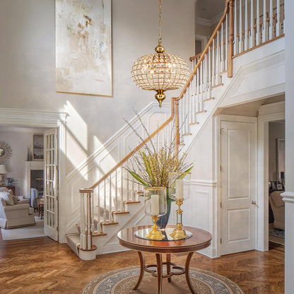 HUOKU 16.5" gold crystal chandelier, 4-light round globe style, foyer/dining/bedroom.