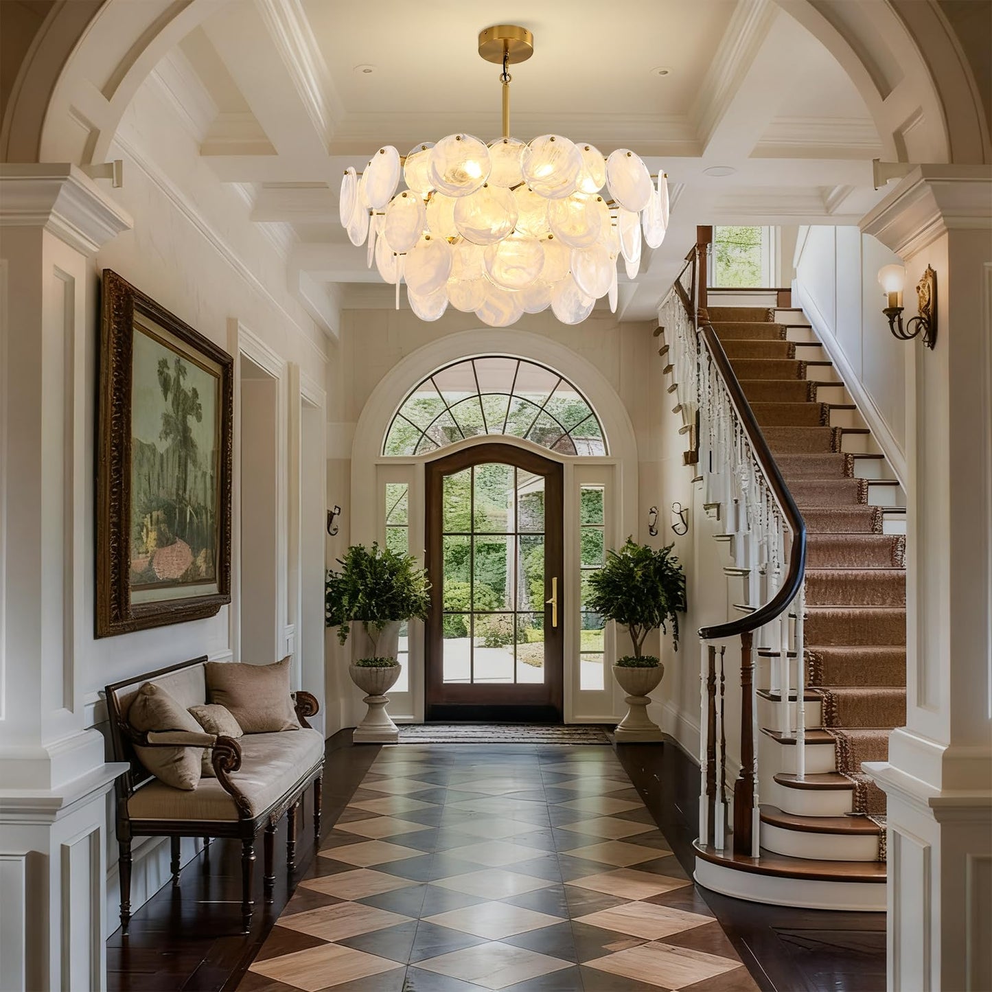 Large gold modern glass chandelier, 31.5", cloud glass shade, adjustable height, luxury fixture for multiple rooms.