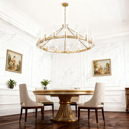 Vimatto gold wagon wheel chandelier, D50, glass shape, large round pendant for high ceilings, living/dining room, gold finish.