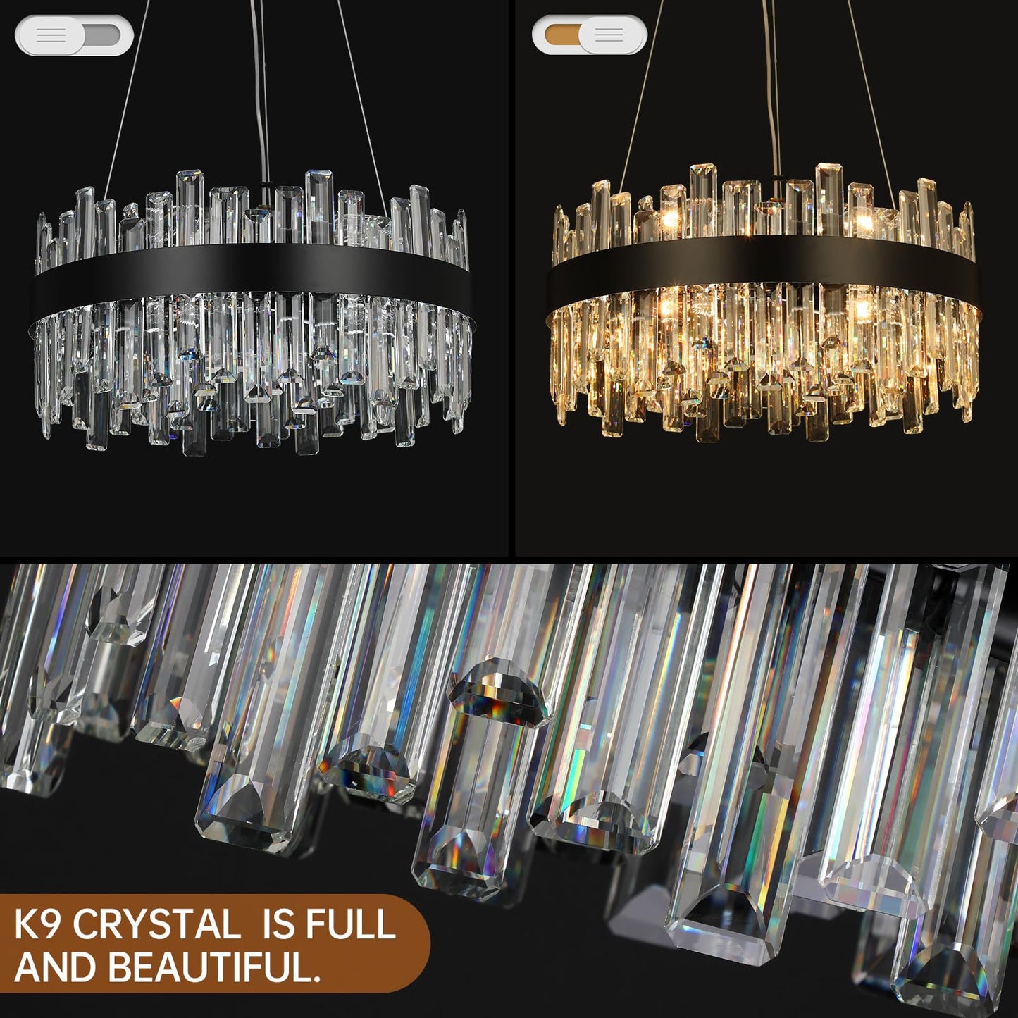 12-light luxury black crystal chandelier, 2-tier round design, 20", for dining room, bedroom, kitchen island.