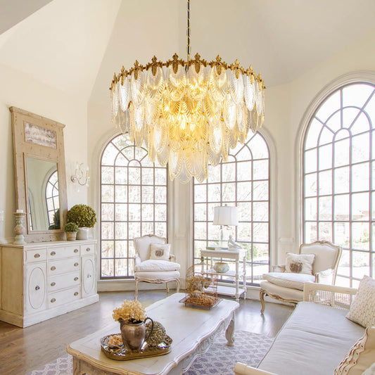 KELUOLY modern crystal chandelier, 4-layer gold glass, 12-light, 31.5", adjustable height, foyer/living/dining.