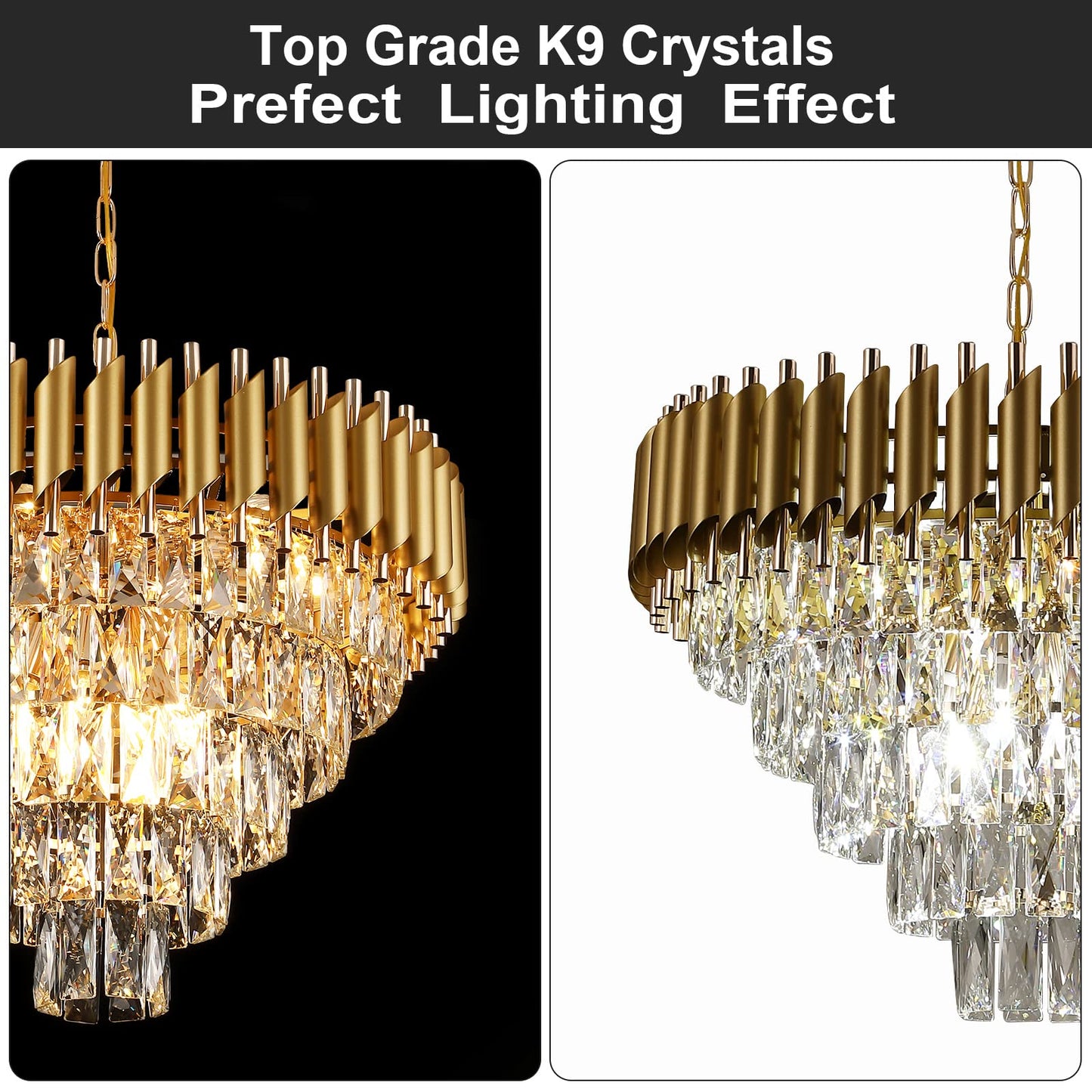 AXILIXI 24" gold crystal chandelier, 5-tier raindrop style, luxury staircase/foyer lighting.