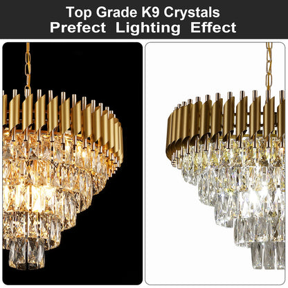 AXILIXI 24" gold crystal chandelier, 5-tier raindrop style, luxury staircase/foyer lighting.