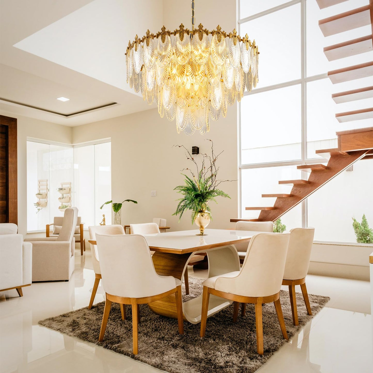 KELUOLY modern crystal chandelier, 4-layer gold glass, 12-light, 31.5", adjustable height, foyer/living/dining.
